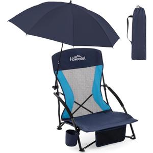 Homcosan Portable Low Folding Beach Chair with Detachable Umbrella - Lightweight Camping Chair for Adults with Cup Holder & Storage Pocket, Carry Bag Included (Navy & Blue)