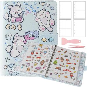 Reusable Sticker Book Collecting,A5 Binder Album Sticker Storage Organizer with Blank Release Paper and Pocket for Adult Kids,Cartoon Leather Binder Cover & Magnetic Buckle Closure(Blue)