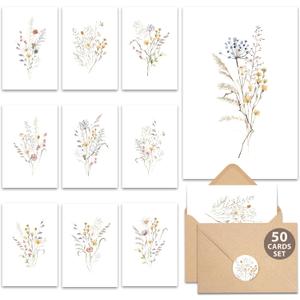 AUDREE 50 Set Blank Cards and Envelopes 3.5x5 - Watercolor Wildflowers Blank Greeting Cards with Adhesive Envelopes and Matching Sticker - Blank Note Cards for All Occasions