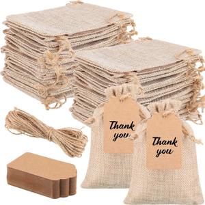 Woanger 100 Pcs Burlap Gift Bags with 100 Pcs Kraft Paper Gift Tags Drawstring Favor Bulk Burlap Sack Bags for DIY Wedding Party Craft(3 x 4 Inch,Light Brown) (Beige)