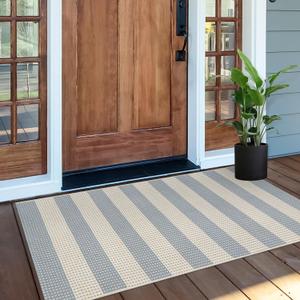 OJIA Outdoor Porch Rug Front Door Mat 24'x51, Washable Checkered Blue and White Striped Front Door Rug Cotton Woven Kitchen Carpet Small Area Rug for Entryway Patio Bedroom Bathroom (2'x4.3', Muted Blue/Tan/Beige)