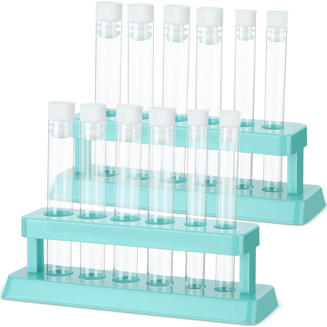 2 Sets Test Tubes with Rack Clear Plastic Test with Caps and 6 Holes Holder Rack Nurse Party Decorations Shot Tubes for Scientific Experiments Party Favors Candy(Blue,Removable)