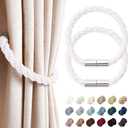 NICEEC 2 Pack Strong Magnetic Curtain Tiebacks Modern Simple Style Drape Tie Backs Convenient Decorative Weave Rope Curtain Holdbacks for Thin or Thick Home & Office Window Draperies (Silver White)