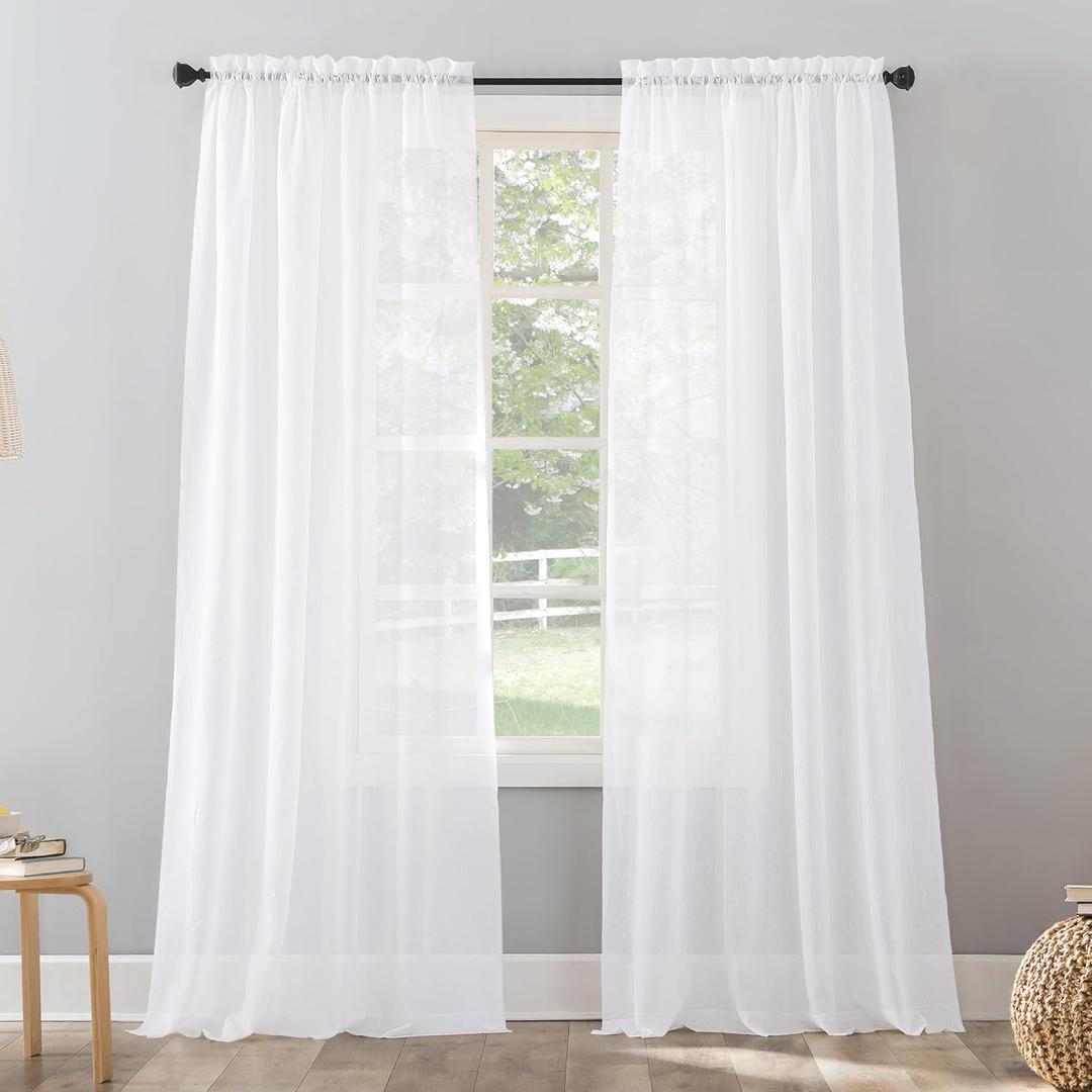No. 918 Erica Crushed Sheer Voile Rod Pocket Curtain Panel, 51" x 95", White