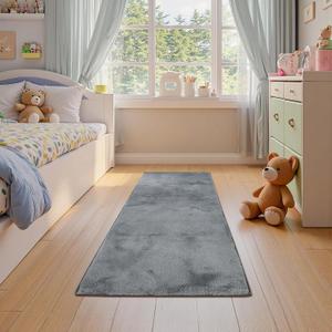 jinchan Solid Plush Runner Rug 2x5 Performance Shaggy Washable Hallway Rug Soft Modern Faux Wool Cozy Non Slip Carpet for Bedroom Laundry Room Living Room Kids Nursery Grey