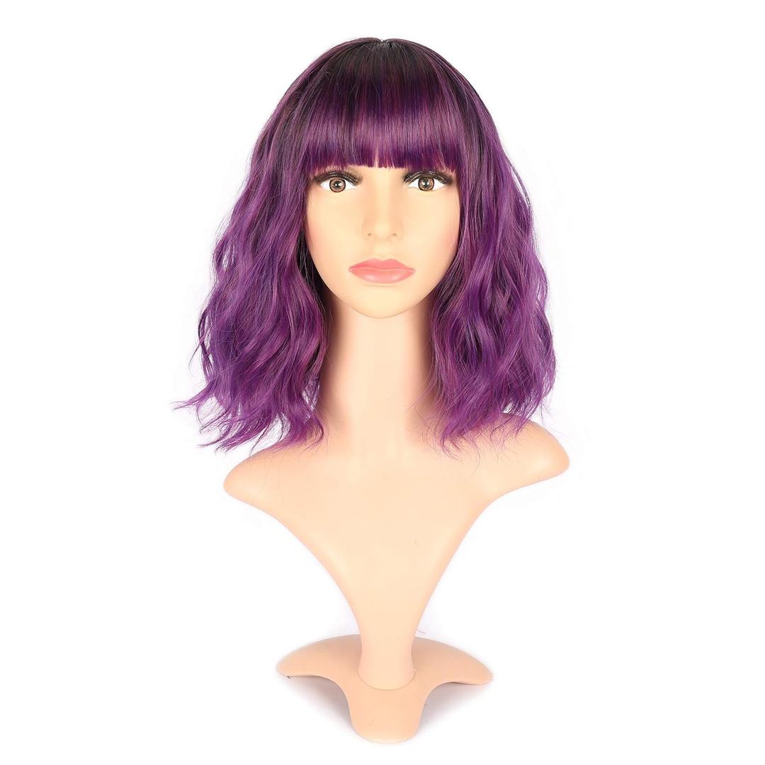 VCKOVCKO Ombre Color Natural Wavy Bob Wig With Air Bangs Short Bob Wigs Women's Shoulder Length Black to Purple Curly Wavy Synthetic Cosplay for Girl (12", Black to Purple)