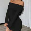 GORGLITTER Women's Off The Shoulder Sweater Dress Folded Neck Long Sleeve Knitted Bodycon Mini Dresses Fall Trendy (Black, S)