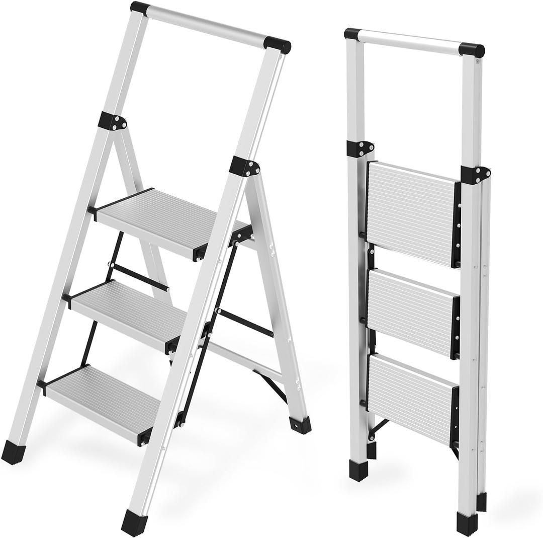 3 Step Ladder Aluminum Lightweight Folding Step Stool, 600lbs Max Load Heavy Duty Step Stool with Safety Handrail, Slim Foldable Kitchen Stool with Anti-Slip Pedal for Home Sliver3 Steps
