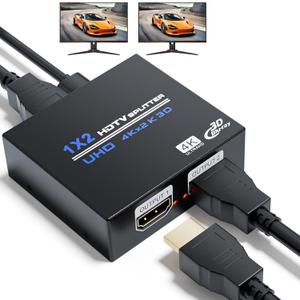 BolAAzuL 1x2 HDMI Splitter 1 in 2 Out 4K 1 to 2 HDMI Adapter for 2 Monitors with Power Adapter for Dual Monitors Mirror Display for TV Desktop Laptop PC Gaming