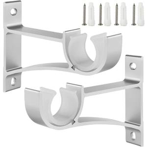 Sturdy Curtain Rod Brackets, Silver, Holds 1 Inch to 1 1/4 Inch Rods, Wall Mount, Set of 2