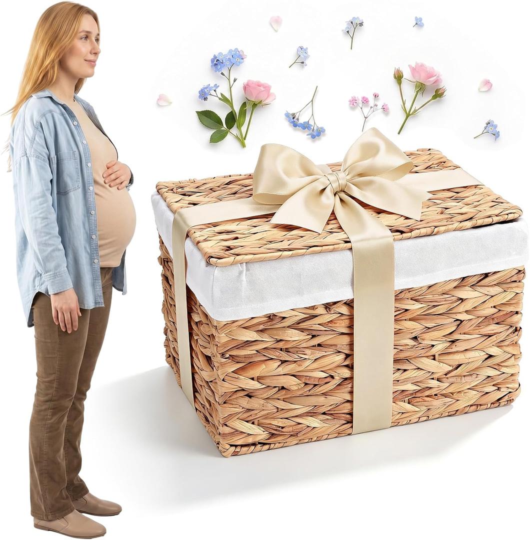 Gender Reveal Baskets with Lid 15 x 10.2 x 9.8 Inch Wicker Shelf Gender Reveal Baskets Baby Shower Storage Basket Decoration for Baby Shower Party Decor Home Organizer, Light Brown