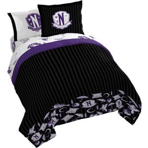 Jay Franco Wednesday Addams Queen Comforter Set - 7 Piece Bedding Includes Sheet Set & Pillow Covers - Black and Grey Stripes Super Soft Kids Bedding