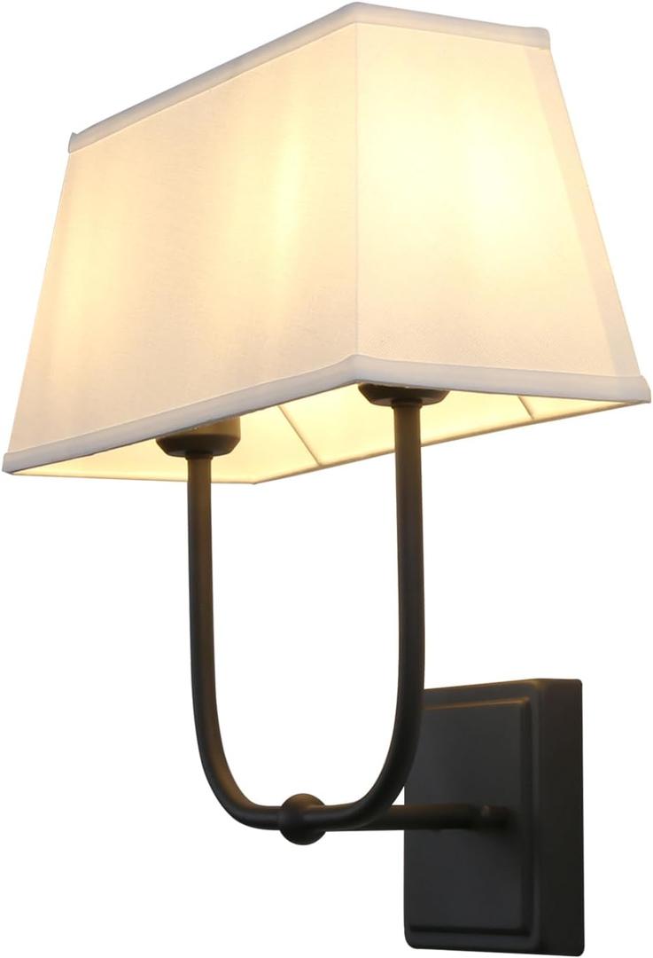 PERMO Transitional Double Sconce 2 Lights Indoor Sconce Wall Lighting with White Textile Fabric Square Shade for Bedroom Bedside Living Room (Black)