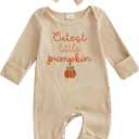 My First Halloween Baby Girl Outfit Cutest Pumpkin Long Sleeve Romper Jumpsuit Newborn Girl Outfits Clothes (Beige)