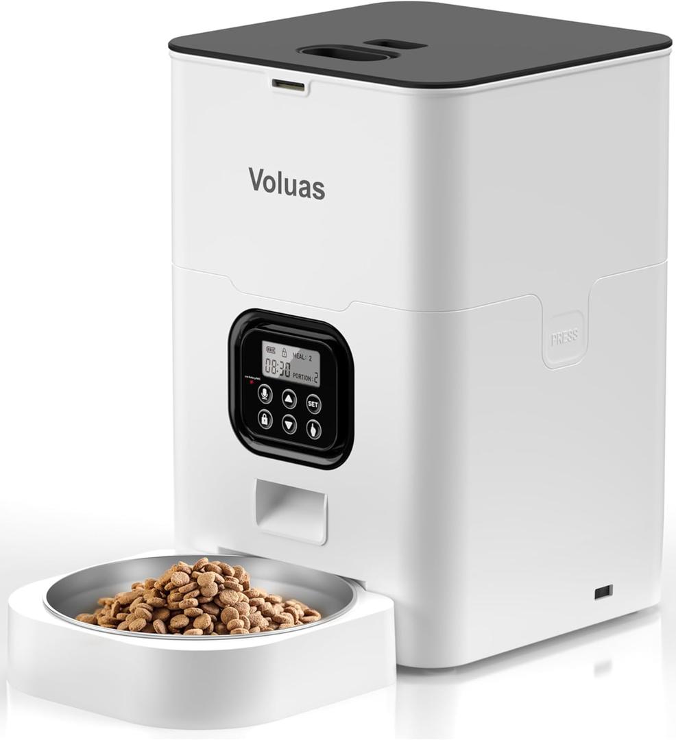 VOLUAS Automatic Cat Feeders - Timed Pet Feeder for Cats and Dogs with Dry Food Dispenser, Desiccant Bag, Programmable Portion Control, 4 Daily Meals, 10s Voice Recorder (White Opaque)