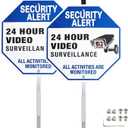 Security Alert 24 Hour Video Surveillance Yard Sign with Stake, Reflective Metal CCTV Warning Sign Outdoor, Blue, 10 x 10 inch, 2 Pcs