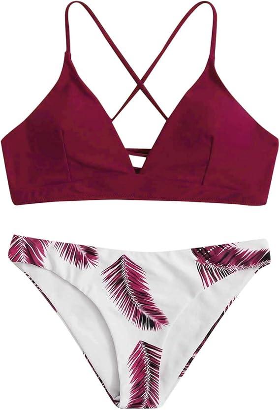 Bikini Girl Print Random Push-up Set Beachwear Padded Floral Women Swimsuit Bikini Swimwear Swim wears Tankinis Set Swimsuit Thong, Wine-1 , Size small
