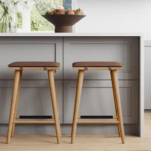 Nathan James Barker Classic Counter Height Wood Barstool with Leather Removable Cushion, Backless Island 24" Bar Stool for Kitchen, Chestnut Brown, Set of 2