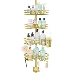 SWTYMIKI Shower Caddy Tension Pole - 4-Tier Corner Shower Organizer Tension Rod with Soap Holder, Toothbrush Holder & 4 Hooks, Adjustable Stainless Steel Bathroom Organizer 27.6 to 108.3 inch, Gold