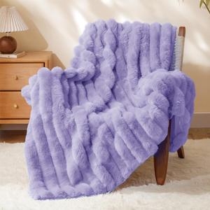 BEDELITE Faux Fur Throw Blanket for Couch, Soft and Cozy Luxurious 3D Striped Fluffy Blanket, 770GSM Thick Warm Plush Fuzzy Faux Rabbit Fur Blanket for Women Gift (Lavender, 60"x 80")