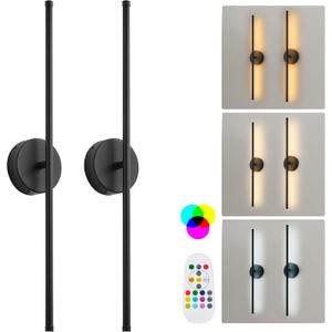 KARTOOSH Battery Operated Wall Sconces Set of Two, with Remote Control, Dimmable, Warm White/Natural White/Daylight/RGB, 350Rotate, LED Black Wireless Wall Light for Living Room, Bedroom, 28.3 Inch