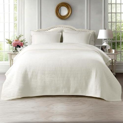 KASENTEX Oversized Queen Quilt Set 102"x106" – Soft Washed 3-Layer Lightweight Bedspread, Minimalist Nordic Design, All-Season Spring & Summer Quilt Set (1 Quilt + 2 Pillow Shams),Cream White