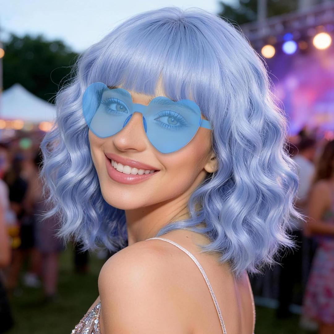 Light Blue Wavy Curly Bob Wig with Bangs Heart Sunglasses for Women, 14 Inch Colored Neon Fun Party Curly Synthetic Wigs Hair Cap for Cosplay Halloween Costume Bachelorette Party