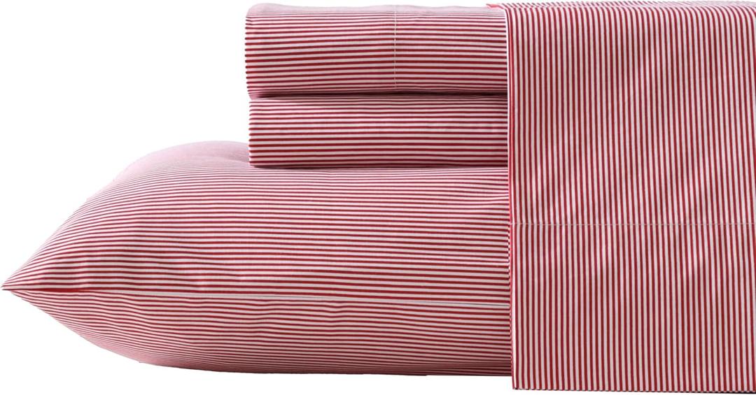 Nautica - Full Sheet Set, Lightweight & Breathable Cotton Percale Bedding Set with Matching Sham(s), Crisp & Cool Bedding Essentials, Oeko-Tex Certified (Penny Pinstripe Red, Full) (Queen)