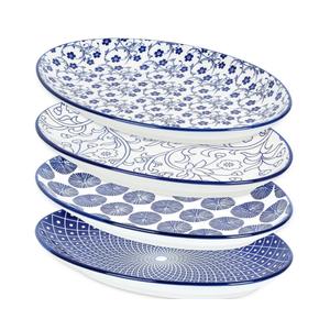 Selamica Serving Platters Ceramic, 12 Inch Serving Dishes for Party Entertaining, Oval Serving Plates for Sandwich, Appetizer, Fruit, Microwave Dishwasher Safe, Set of 4, Vintage Blue