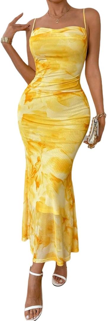 LIGHT DOT Women's Summer Printed Maxi Dress Spaghetti Strap Bodycon Ruched Cocktail Dress Mesh Layered (Yellow, S)