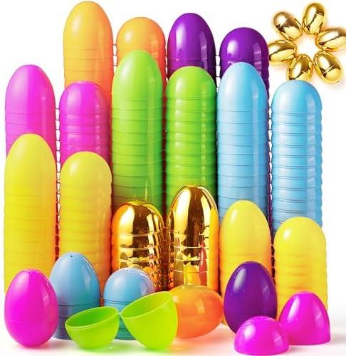JOYIN 3.15" 144 PCS Plastic Easter Eggs 6 Golden Eggs, Large Empty Eggshells Fillable for Easter Hunt, Parties, Basket Stuffers Filler, Classroom Prize Supplies