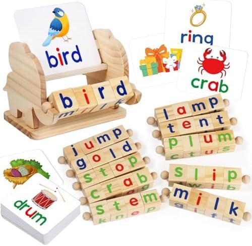 Montessori Learning and Educational Toys Gifts for Kids 3 4 5 Years, Wooden Reading Blocks Toys, Preschool Kindergarten Learning Activities, Turning Rotating Matching Flash Card Games