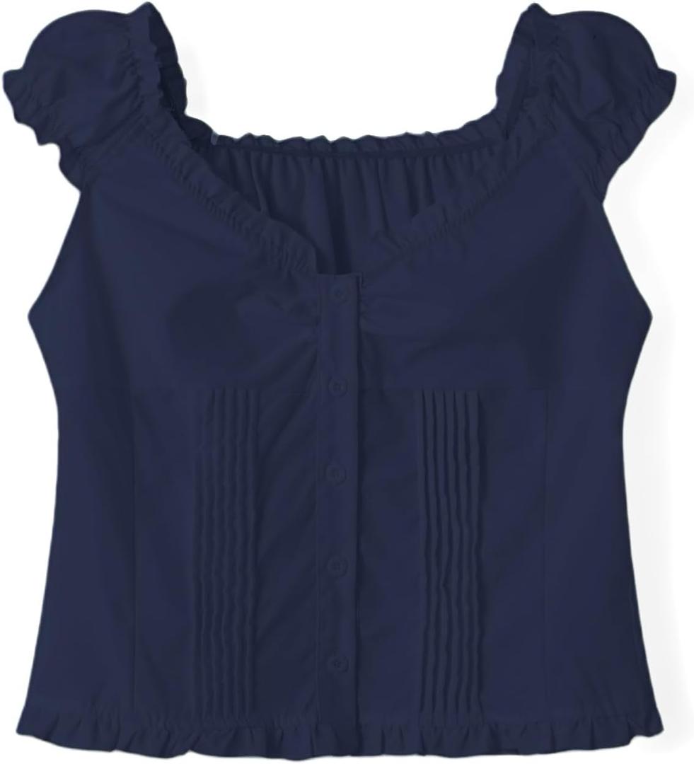 Womens Summer Slim Fitted Crop Shirts V-Neck Y2k Cap Sleeve Button Down Coquette Tops Blouses (Small)