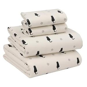 RUVANTI Flannel Sheets Queen Size - 100% Cotton Double Brushed Bed Sheets, Deep Pockets 16 Inches Queen Sheet Set, All Seasons Breathable & Extra Soft - Warm & Cozy, 4 Piece, Black Cat