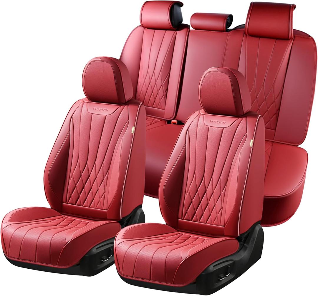 FLORICH Car Seat Cover Full Set, Red Automotive Seat Covers, Luxury Faux Nappa Leather Car Seat Protectors, Car Seat Cushions Universal Fit for Most Sedans SUVs Trucks - Red