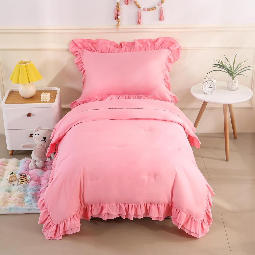 Wowelife Toddler Bedding Set for Girls 4 Piece Ruffle Boho Tufted Fringe Pink Toddler Bed Comforter Sets Jacquard Bed Set Bed in a Bag with Comforter, Flat Sheet, Fitted Sheet, Pillowcase