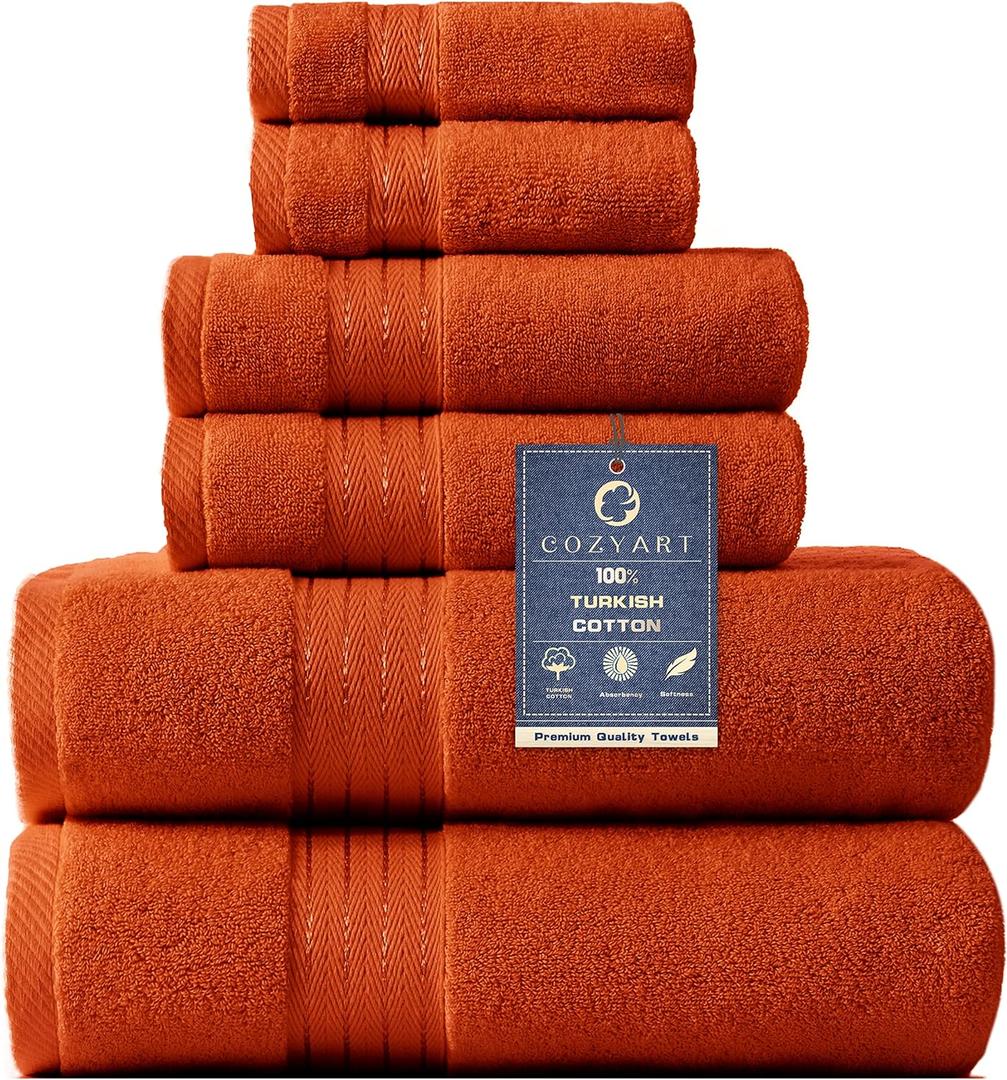 COZYART Burnt Orange Bath Towel Set for Bathroom Turkish Cotton Thick Soft Absorbent Durable 650 GSM Towel Sets of 6, 2 Large Bath Towels, 2 Hand Towels, 2 Washclothes (Harvest Pumpkin Orange)