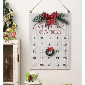 Christmas Countdown Calendar, Farmhouse Christmas Wreath Calendar, Vintage Advance Count Down to Christmas Sign, Xmas Wooden Hanging Decor for Wall Holiday (White)