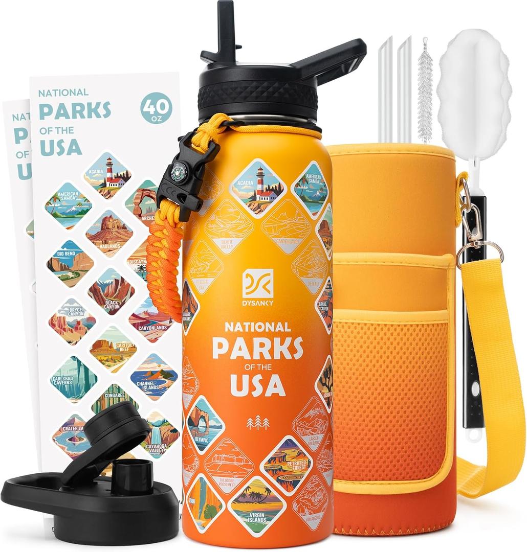 DYSANKY National Parks Water Bottle  40 oz Insulated Stainless Steel Bottle with 63 Hand-Drawn Park Stickers, Carrier Bag, Strap & Gift Box  BPA-Free  Ideal for Hiking, Camping & Travel (Gradient Orange Park)