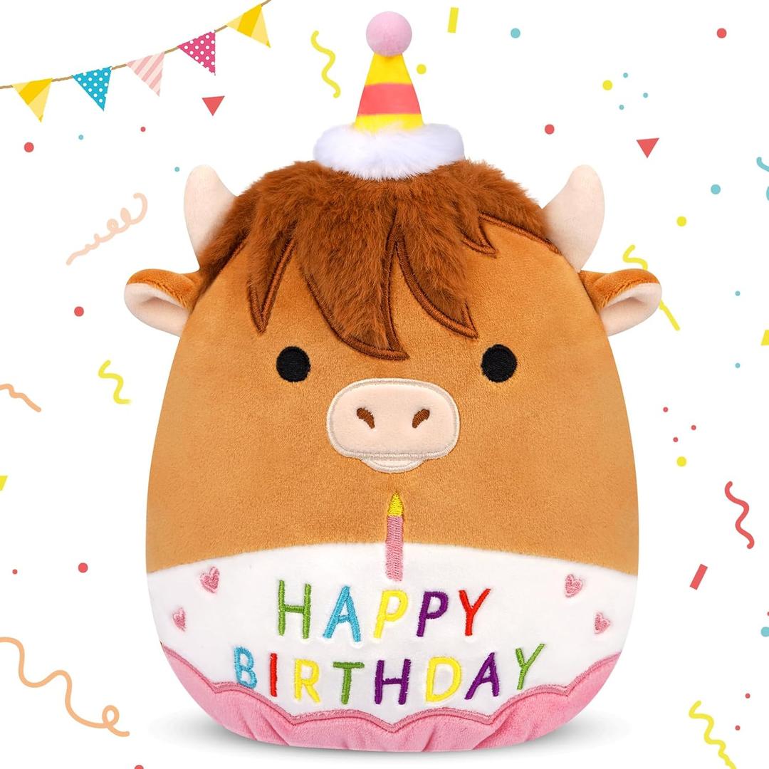 Happy Birthday Highland Cow Plush - 8inch Cute Birthday Highland Cow Plush Pillows Toys, Soft Stuffy Gifts Party Decoration for Kids Girls Boys