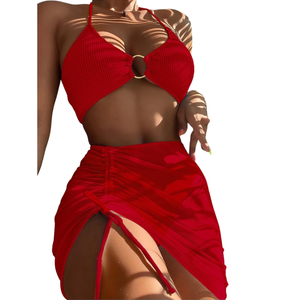 MakeMeChic Women's 3 Piece Bathing Suits Halter Ring Bikini Set with Cover Up Skirts, M