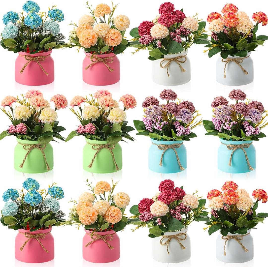 12 Pcs Hydrangea Artificial Flowers in Vase Artificial Hydrangea Potted Small Fake Flowers Table Centerpiece Decoration Arrangement Faux Floral Indoor for Mom Wedding Home Office