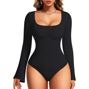 Nebility Long Sleeve Bodysuits for Women Tummy Control Shapewear Square Neck Body Suits Bell Sleeves, M