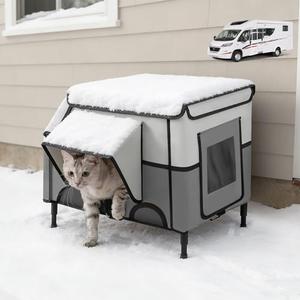 Heated Cat House for Outside Winter, Weatherproof Elevated Outdoor Cat House, Insulated Outdoor Cat Shelter with Escape Door for Multiple Cats Feral Stray Kitty(Grey )