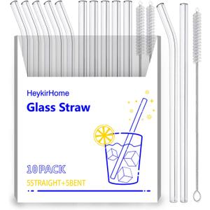 HeykirHome 10-Pack Reusable Glass Straw,Size 8.5''x10 MM,Including 5 Straight and 5 Bent with 2 Cleaning Brush- Perfect For Smoothies, Tea, Juice