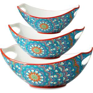 LAUCHUH Serving Bowls with Handles, Bohemian Porcelain Serving Dishes for Entertaining Colorful Nesting Bowls Salad Bowls for Kitchen, Thanksgiving, Christmas, Set of 3, 15/28/49 oz, Blue and Red