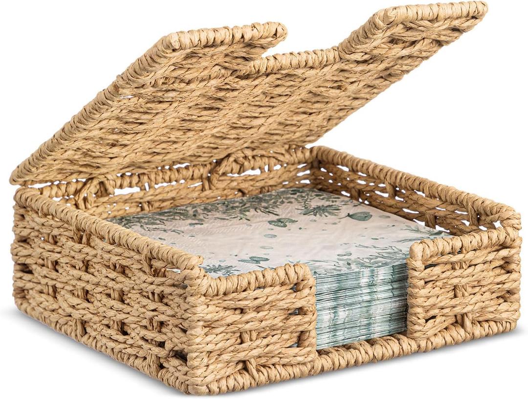 Threehoney Woven Paper Rope Napkin Holder with Lid for Outdoor Picnic Table, Flat Square Napkin Basket for Dinner Kitchen Camping Farmhouse, 7 x 7 Inch