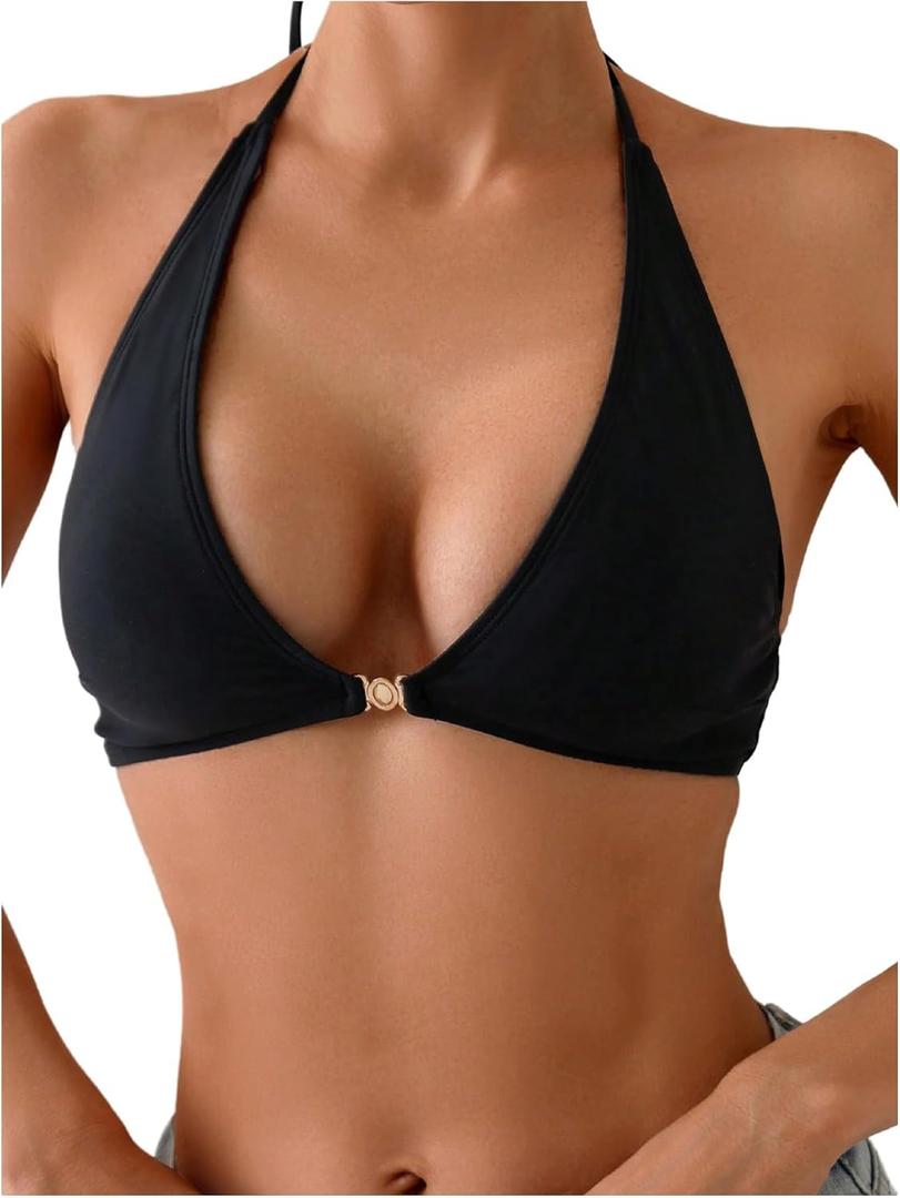 SOLY HUX Women's Halter Bikini Top Tie Back Bathing Suit Summer Beach Swimsuit Tops (Black, L)