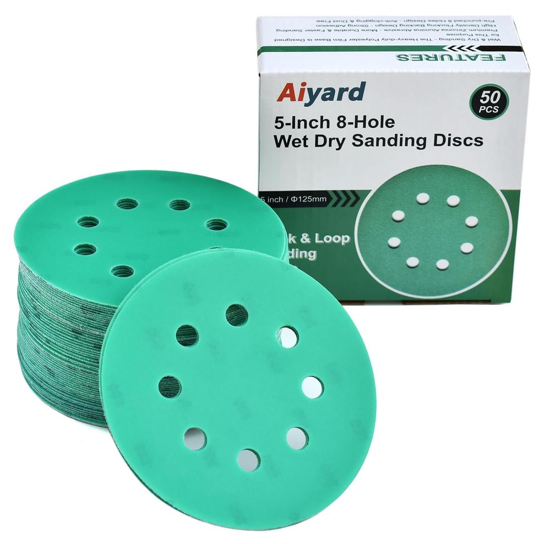 5-Inch 8-Hole Wet Dry Sanding Discs 800 Grit, Polyester Film Backed Heavy-Duty Hook and Loop Sandpaper for Random Orbital Sander, 50-Pack