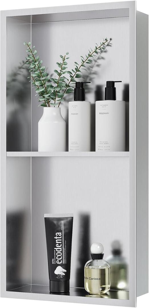 Qeke Stainless Steel Shower Niche 12" X 24", No Tile Needed Wall Niche Double Shelves, Recessed Niche Shower for Bathroom Storage, Brushed Nickel